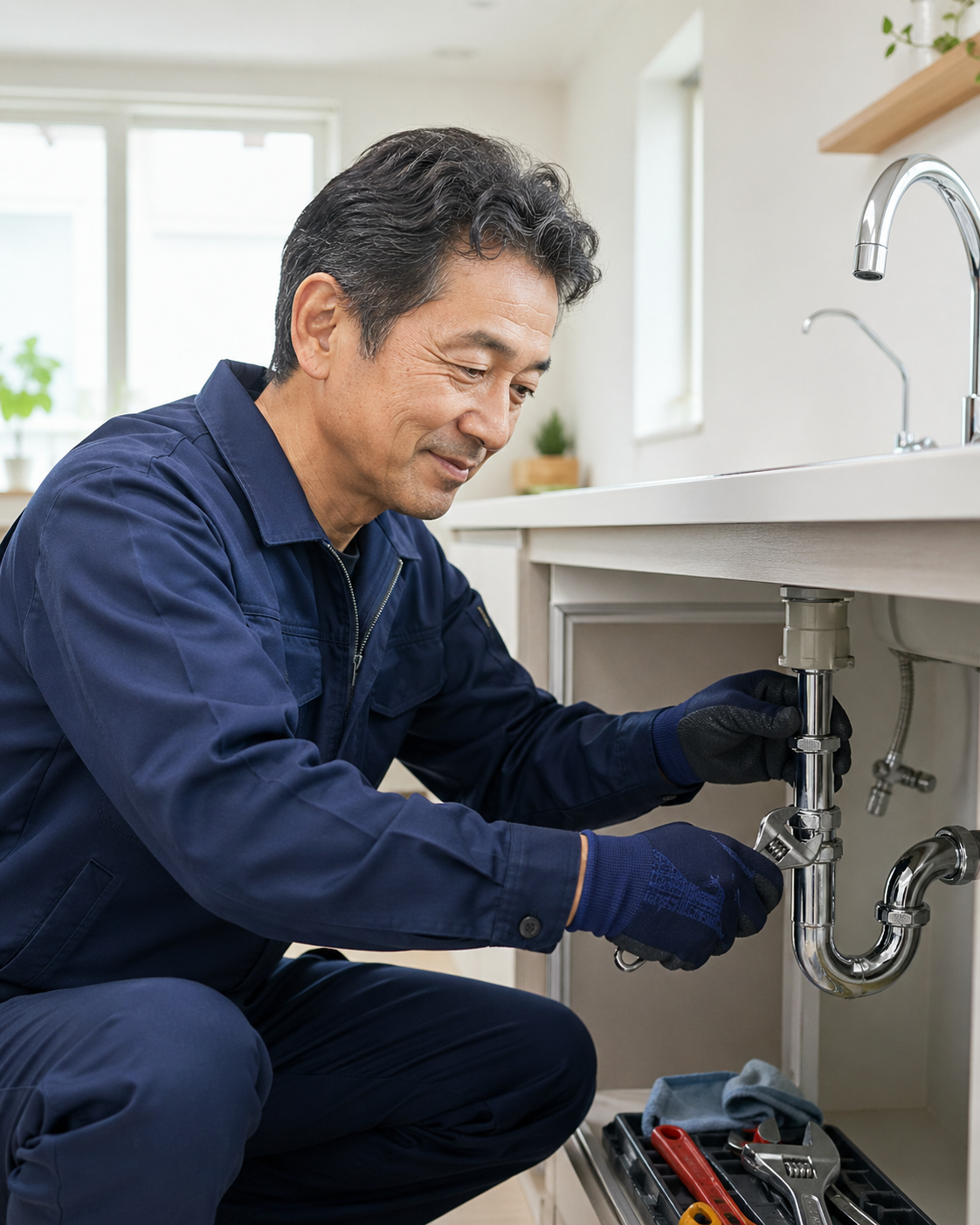 西埼玉水道修理センターの職人が現場で蛇口を修理している様子